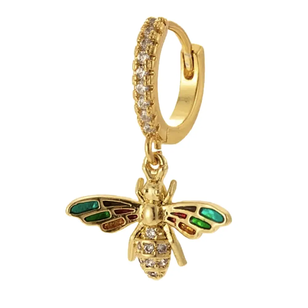 Bee-Shaped Dangling Earring In 18K Gold-Plated Copper With Mini Gemstones