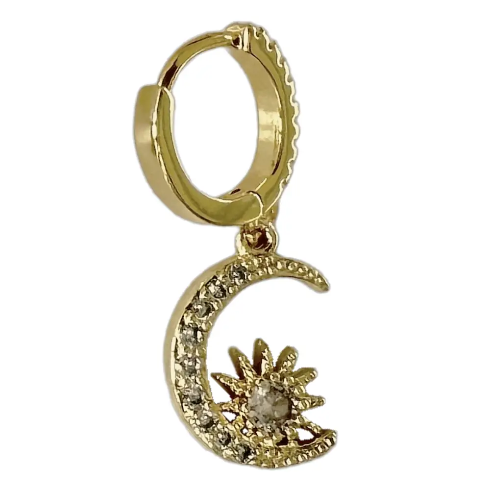 Crescent Moon with sun Dangling Earring in 18K Gold-Plated Copper with Mini Gemstones