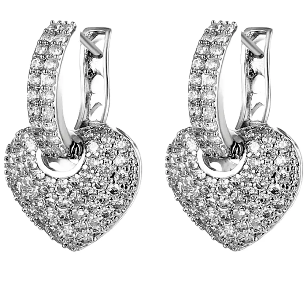 Dangling Earrings with Silver Stone Heart in 18K Premium Silver-Plated Copper