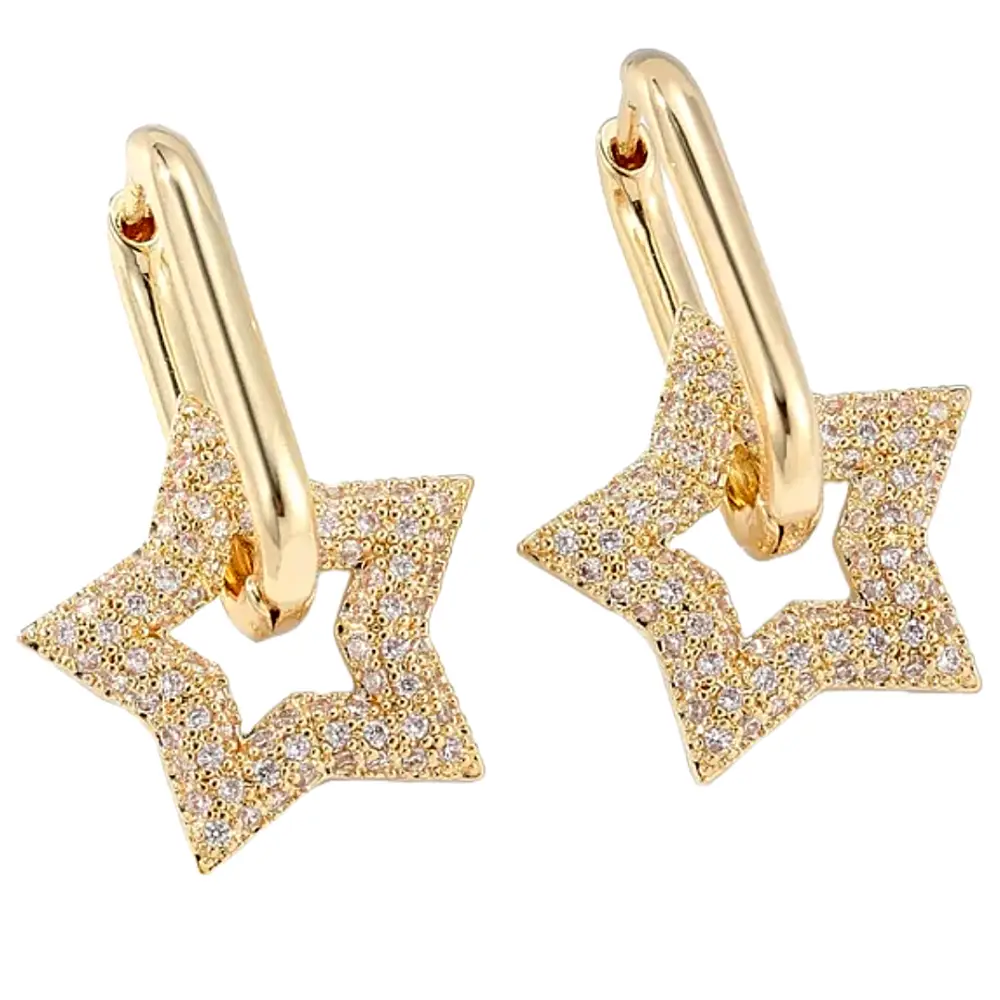Dangling Gold Earrings With Silver Stone Star In 18K Premium Gold-Plated Copper