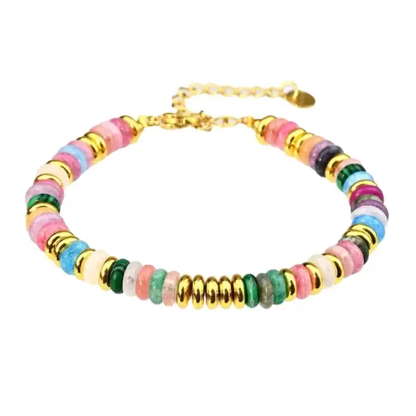 Classic Round Green and Gold-Toned Semi-Precious Stone Bracelets in a Simple Style