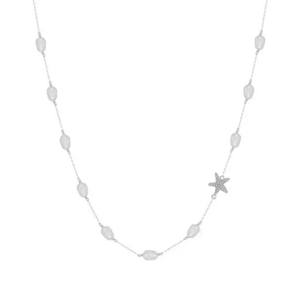 Starfish Necklace with Cable Chain and Freshwater Pearl Inlays, Gold-Plated