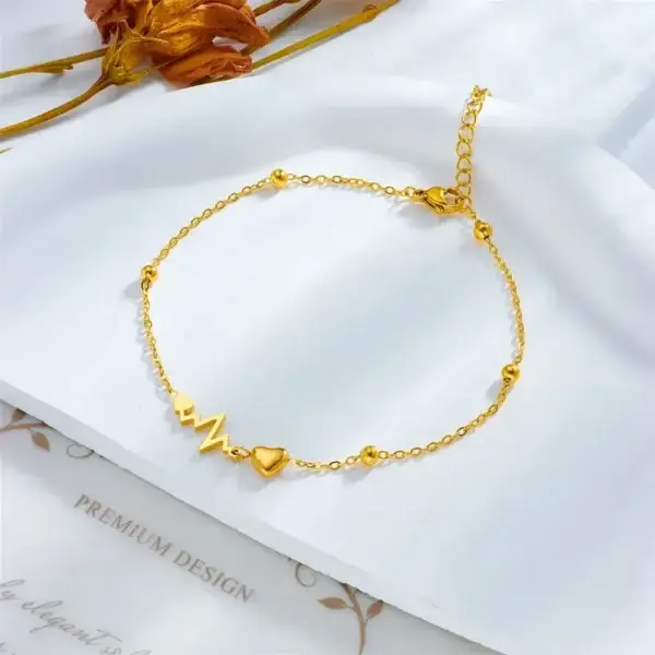 Women's Anklet with Heart and Sweet ECG Design, 18K Gold Plated