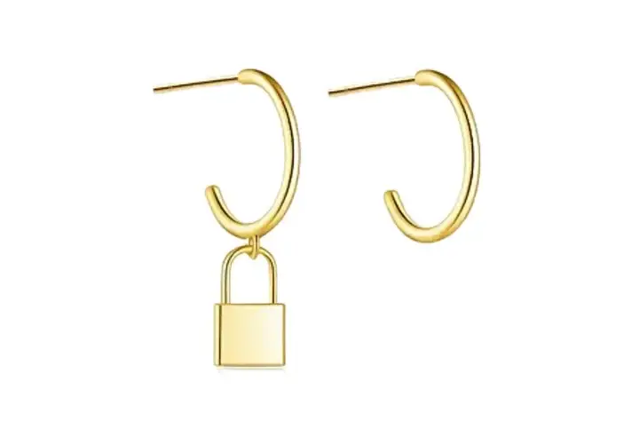 Golden-Promise-Lock-Drop-Earrings 18K Gold-Plated Hoop Earrings With Gold Padlock Charm
