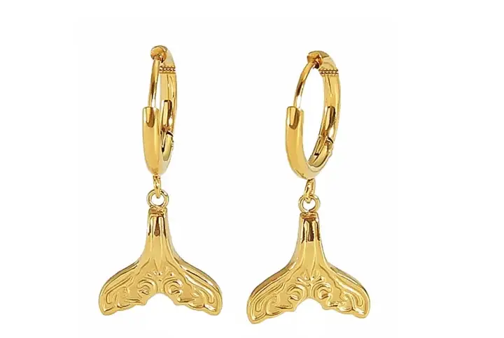 18K Gold Plated Stainless Steel Drop Earrings With Fish Tail Design And Zircon Inlays