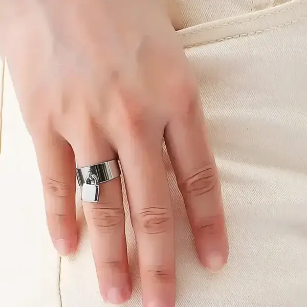 Simple style silver-tone stainless steel rings with lock charm-2