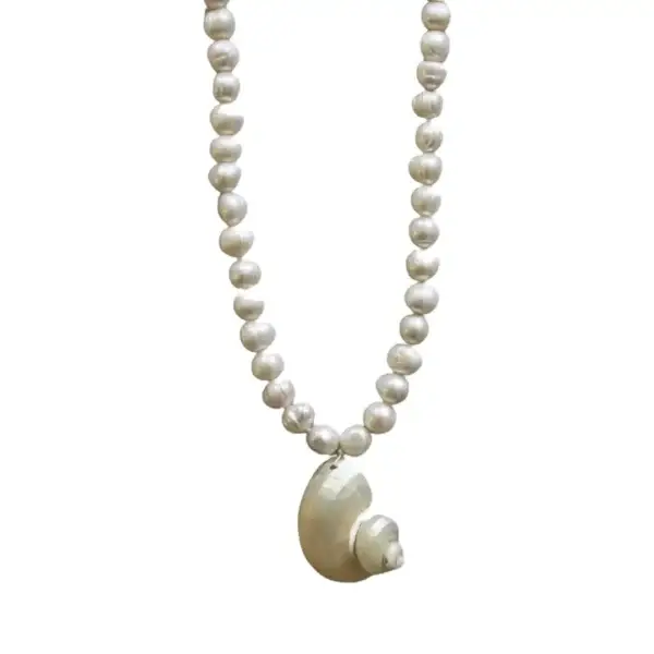 Handmade Seashell Pendant Necklace with Titanium Steel Beads and Large Freshwater Pearl