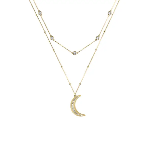 Crystal Moon Double Layered Yellow Gold Necklace. A Crescent-Moon Pendant Adorned With Tiny Moissanite Gemstones, Crafted In 18K Yellow Gold-Filled.