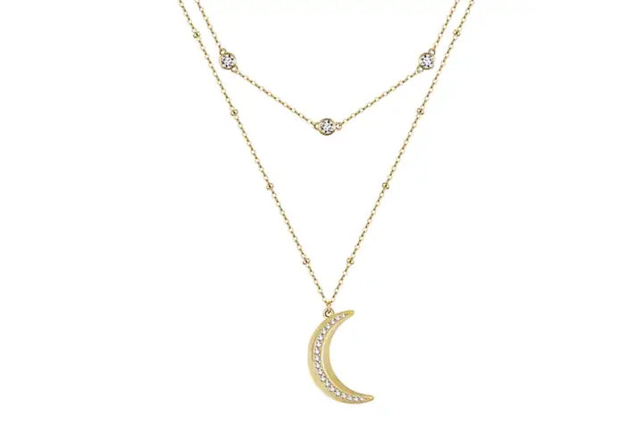 Crystal Moon Double Layered Yellow Gold Necklace. A Crescent-Moon Pendant Adorned With Tiny Moissanite Gemstones, Crafted In 18K Yellow Gold-Filled.