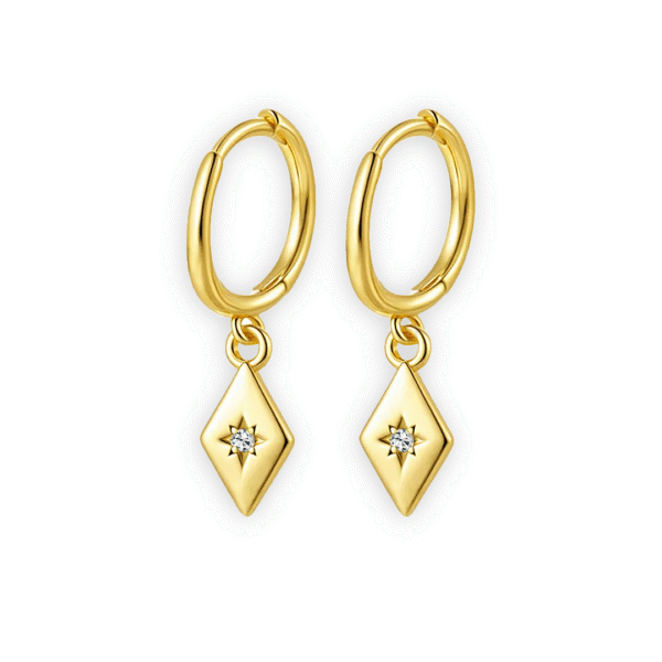 Stellar Diamond Drop Earrings are white & yellow gold-filled rhombus-shaped drop earrings featuring a small Moissanite gemstone set in a star design with a delicate, timeless design.