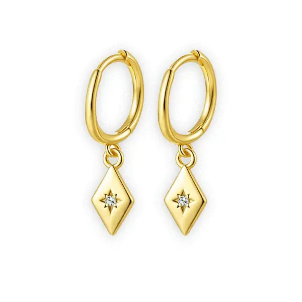 Stellar Diamond Drop Earrings are white & yellow gold-filled rhombus-shaped drop earrings featuring a small Moissanite gemstone set in a star design with a delicate, timeless design.