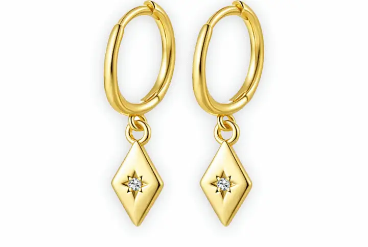 Stellar Diamond Drop Earrings are white & yellow gold-filled rhombus-shaped drop earrings featuring a small Moissanite gemstone set in a star design with a delicate, timeless design.