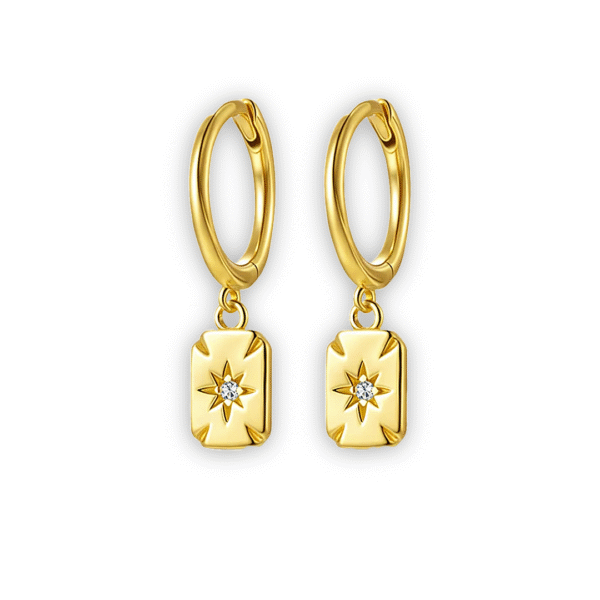 Geo mosaic yellow gold-filled square drop earrings featuring a small Moissanite gemstone set in a star, a delicate, timeless design.