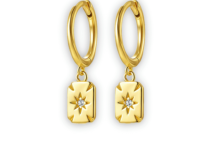 Geo mosaic yellow gold-filled square drop earrings featuring a small Moissanite gemstone set in a star, a delicate, timeless design.