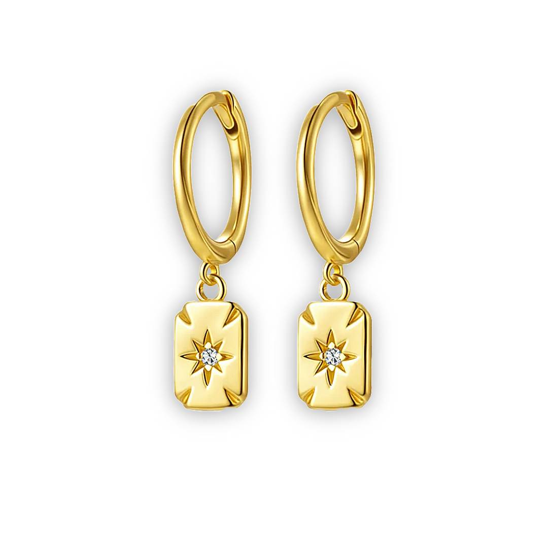 Geo mosaic yellow gold-filled square drop earrings featuring a small Moissanite gemstone set in a star, a delicate, timeless design.